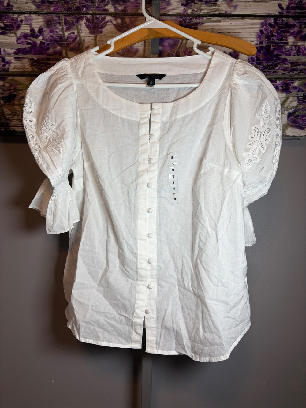 Lauren Ralph Lauren White Cotton Eyelet Puff-Sleeve Button-Front Top Size 8 NWOT